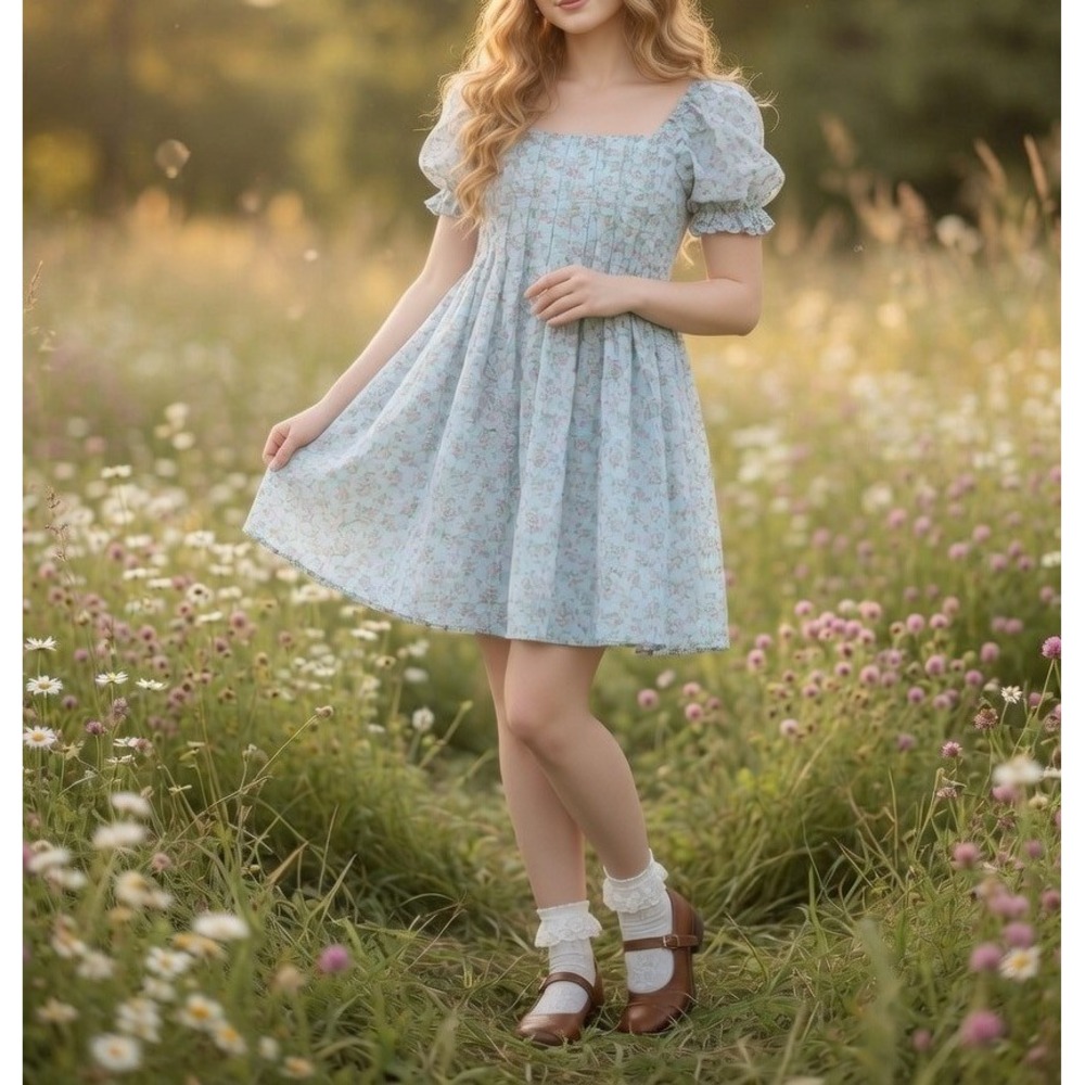 Bepop Baby Blue Floral Puff Sleeve Babydoll Mini Dress SM Fairy Cottagecore NWT